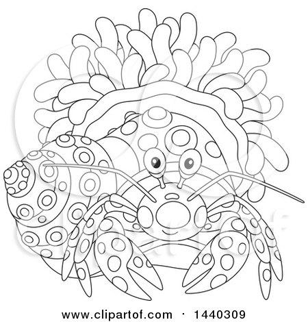 Clipart of a Cartoon Black and White Hermit Crab and Anemone - Royalty Free Vector Illustration by Alex Bannykh