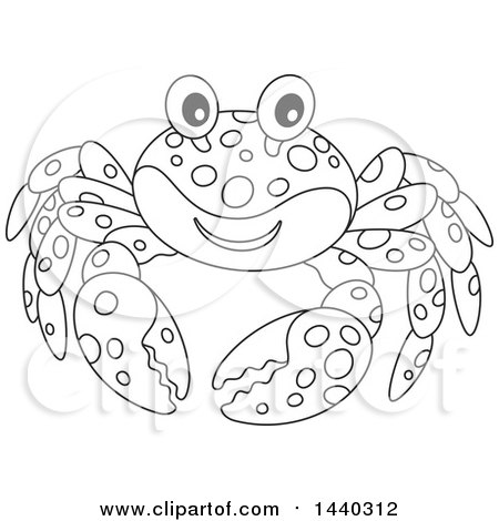 Clipart of a Cartoon Black and White Lineart Happy Crab - Royalty Free Vector Illustration by Alex Bannykh