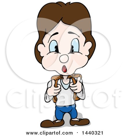 Clipart of a Surprised Brunette School Boy Holding onto His Backpack Straps - Royalty Free Vector Illustration by dero