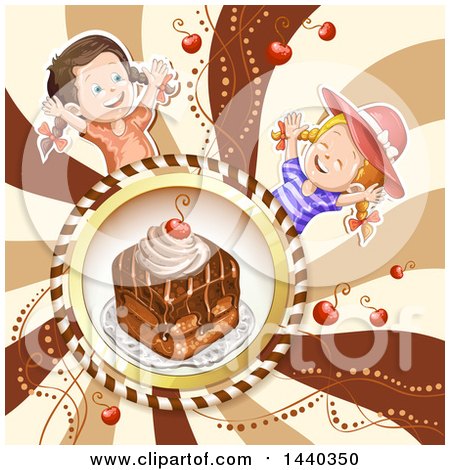 Clipart of a Cake in a Frame with Celebrating Girls - Royalty Free Vector Illustration by merlinul