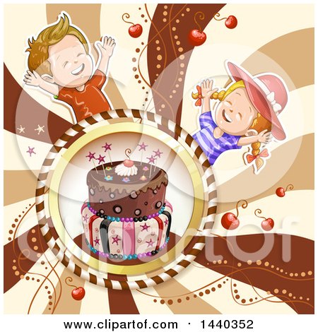 Clipart of a Cake in a Frame with Celebrating Children - Royalty Free Vector Illustration by merlinul