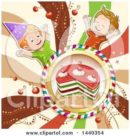 Clipart of a Cake in a Frame with Celebrating Boys - Royalty Free Vector Illustration by merlinul