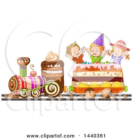 Clipart of a Group of Kids Riding a Cake Train - Royalty Free Vector Illustration by merlinul