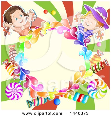 Clipart of a Colorful Splash Circle Frame with Candy and Girls - Royalty Free Vector Illustration by merlinul
