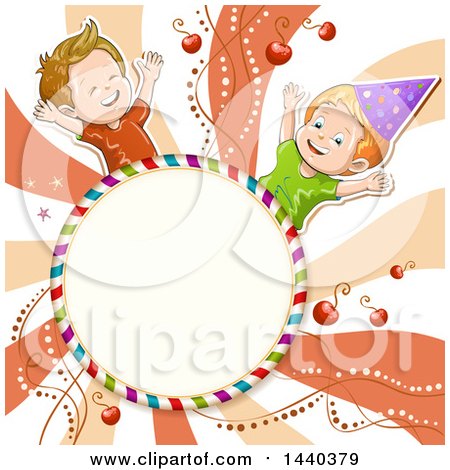 Clipart of a Round Candy Frame and Boys over Swirls - Royalty Free Vector Illustration by merlinul