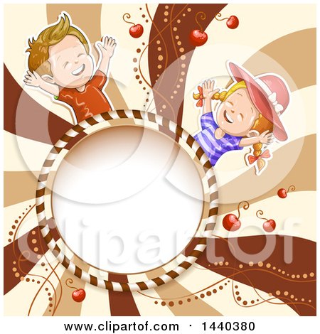 Clipart of a Round Candy Frame and Children over Swirls - Royalty Free Vector Illustration by merlinul