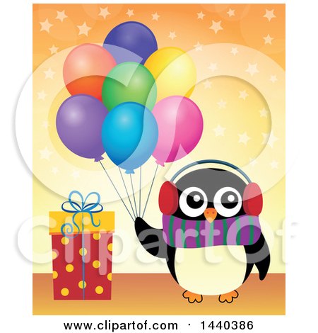 Clipart of a Party Penguin Holding Balloons by a Gift - Royalty Free Vector Illustration by visekart