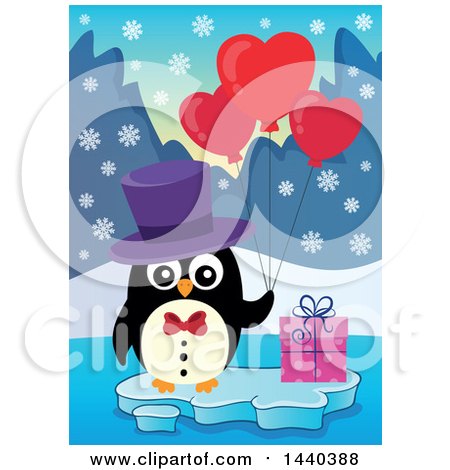 Clipart of a Penguin Holding Heart Balloons with a Valentine Gift on Ice - Royalty Free Vector Illustration by visekart