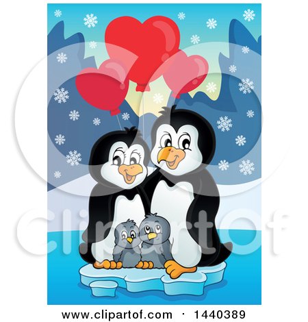 Clipart of a Penguin Family with Valentine Heart Balloons - Royalty Free Vector Illustration by visekart