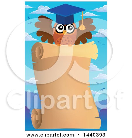 Clipart of a Wise Professor Owl Flying with a Parchment Scroll - Royalty Free Vector Illustration by visekart