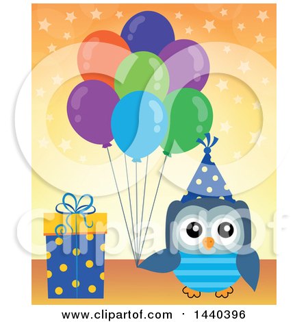 Clipart of a Party Owl Holding Balloons by a Gift - Royalty Free Vector Illustration by visekart