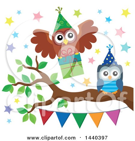 Clipart of Party Owls on a Tree Branch - Royalty Free Vector Illustration by visekart