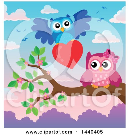 Clipart of a Pink Valentine Owl Receiving a Valentine - Royalty Free Vector Illustration by visekart