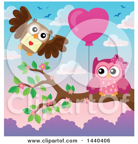 Clipart of a Pink Owl Holding a Heart Balloon and a Brown Owl Delivering a Valentine - Royalty Free Vector Illustration by visekart