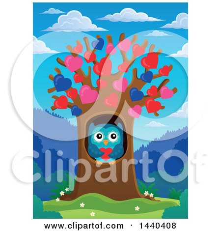 Clipart of a Sweet Owl Holding a Heart in a Tree with Heart Foliage - Royalty Free Vector Illustration by visekart