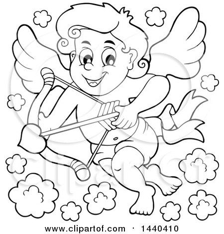 Clipart of a Black and White Lineart Valentines Day Cupid Aiming an Arrow - Royalty Free Vector Illustration by visekart