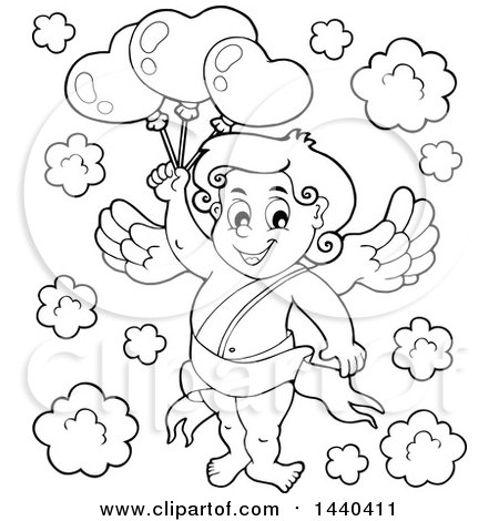 Clipart of a Black and White Lineart Valentines Day Cupid Holding Balloons - Royalty Free Vector Illustration by visekart