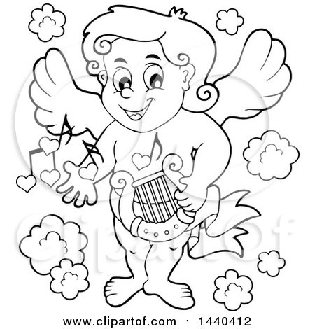 Clipart of a Black and White Lineart Valentines Day Cupid Holding a Lyre - Royalty Free Vector Illustration by visekart