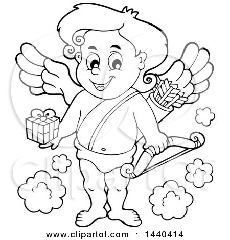 Clipart of a Black and White Lineart Valentines Day Cupid Holding a Gift - Royalty Free Vector Illustration by visekart