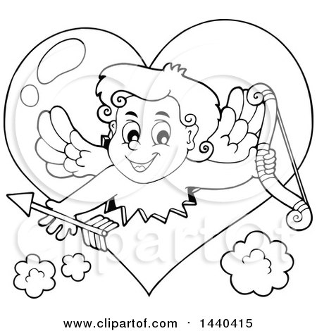 Clipart of a Black and White Lineart Valentines Day Cupid Emerging from a Heart - Royalty Free Vector Illustration by visekart