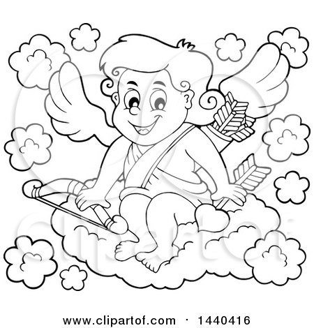 Clipart of a Black and White Lineart Valentines Day Cupid Sitting on a Cloud - Royalty Free Vector Illustration by visekart