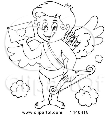 Clipart of a Black and White Lineart Happy Cupid Holding a Valentine - Royalty Free Vector Illustration by visekart