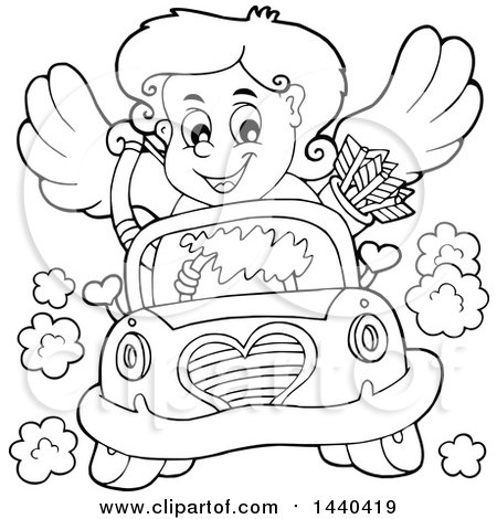Clipart of a Black and White Lineart Valentines Day Cupid Driving a Car - Royalty Free Vector Illustration by visekart