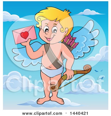 Clipart of a Happy Cupid Holding a Valentine and Standing on a Cloud - Royalty Free Vector Illustration by visekart