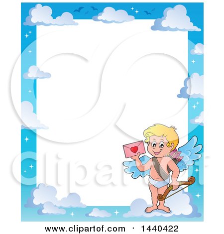 Clipart of a Sky Border with a Happy Cupid Holding a Valentine and Standing on a Cloud - Royalty Free Vector Illustration by visekart