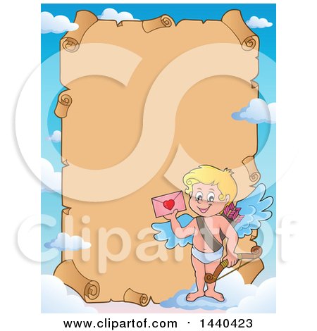 Clipart of a Sky and Parchment Border with a Happy Cupid Holding a Valentine and Standing on a Cloud - Royalty Free Vector Illustration by visekart