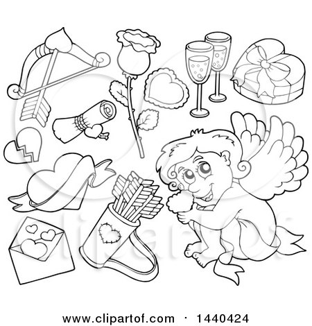 Clipart of a Black and White Lineart Valentines Day Cupid and Elements - Royalty Free Vector Illustration by visekart