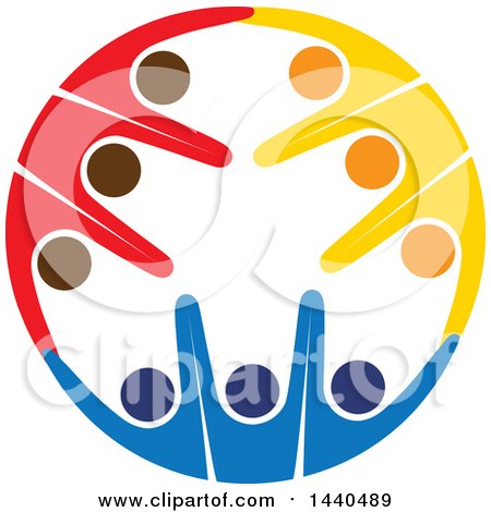 Clipart of a Teamwork Unity Circle of Colorful People Dancing or Cheering - Royalty Free Vector Illustration by ColorMagic