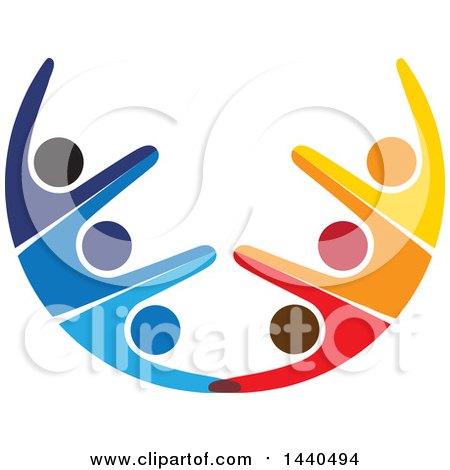 Clipart of a Teamwork Unity Half Circle of Colorful People Dancing or Cheering - Royalty Free Vector Illustration by ColorMagic