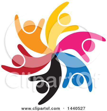 Clipart of a Teamwork Unity Circle of Colorful People Dancing, Swimming, or Cheering - Royalty Free Vector Illustration by ColorMagic