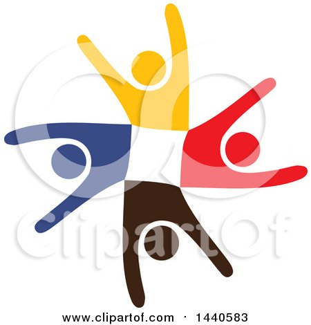 Clipart of a Teamwork Unity Circle of Colorful People Dancing or Cheering - Royalty Free Vector Illustration by ColorMagic