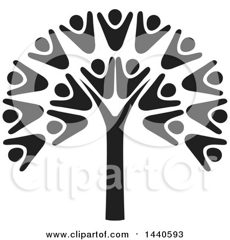 Clipart of a Black and White Teamwork Unity Group of People Forming a Tree - Royalty Free Vector Illustration by ColorMagic