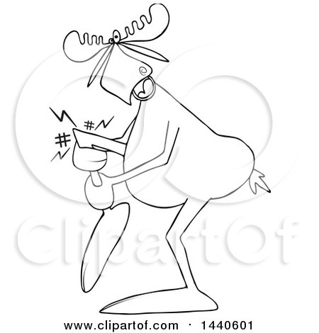 Clipart of a Cartoon Black and White Lineart Moose Grabbing His Hurt Leg - Royalty Free Vector Illustration by djart