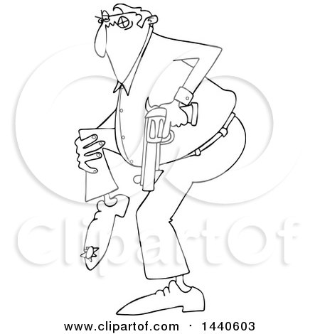 Clipart of a Cartoon Black and White Lineart Man Shooting Himself in the Foot - Royalty Free Vector Illustration by djart
