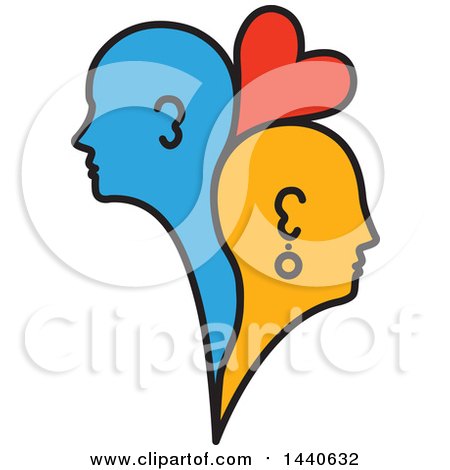 Clipart of Blue and Orange Profiled Heads of a Couple with a Heart - Royalty Free Vector Illustration by ColorMagic