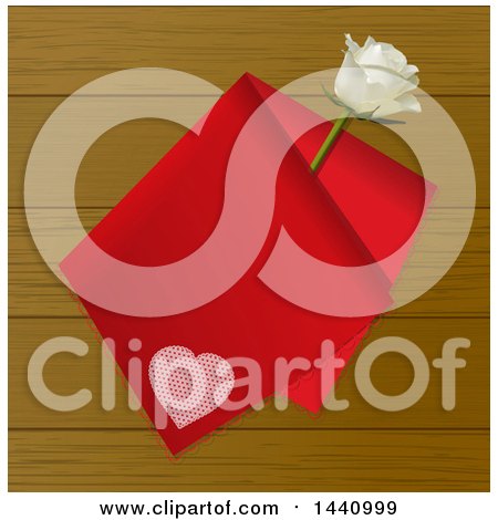 Clipart of a 3d Folded Red Valentine Handkerchief with an Ivory Rose over Wood - Royalty Free Vector Illustration by elaineitalia