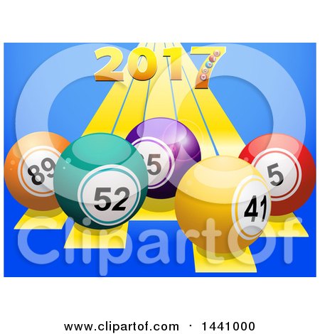 Clipart of 3d Golden New Year 2017 Numbers over Stripes and Bingo or Lottery Balls on Blue - Royalty Free Vector Illustration by elaineitalia
