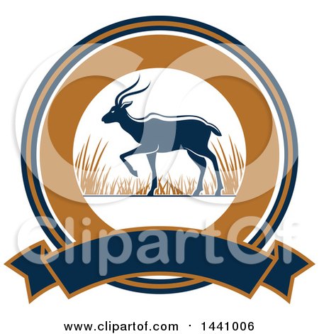 Clipart of a Big Game Hunting Design of an Antelope over a Circle and Banner - Royalty Free Vector Illustration by Vector Tradition SM