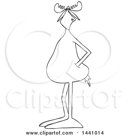 Clipart of a Cartoon Black and White Lineart Moose Standing with His Hands in His Pockets - Royalty Free Vector Illustration by djart