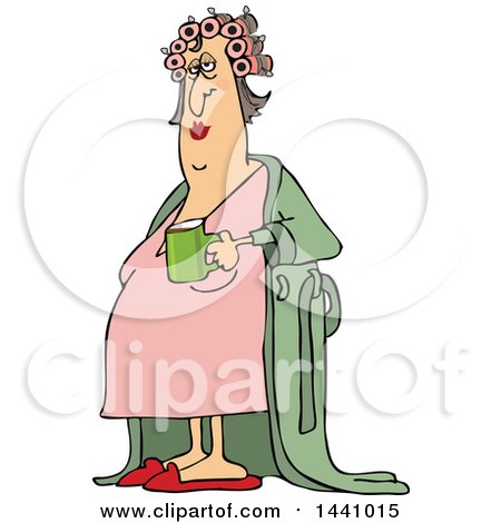 Clipart of a Cartoon Chubby White Woman in a Robe, Wearing Curlers and Holding a Cup of Morning Coffee - Royalty Free Vector Illustration by djart