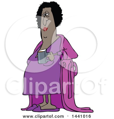 Clipart of a Cartoon Chubby Black Woman in a Robe, Holding a Cup of Morning Coffee - Royalty Free Vector Illustration by djart