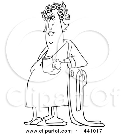 Clipart of a Cartoon Black and White Lineart Chubby Woman in a Robe, Wearing Curlers and Holding a Cup of Morning Coffee - Royalty Free Vector Illustration by djart