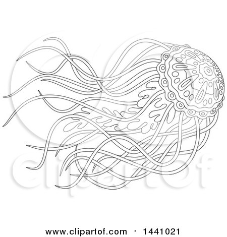 Clipart of a Cartoon Black and White Lineart Beautiful Jellyfish - Royalty Free Vector Illustration by Alex Bannykh