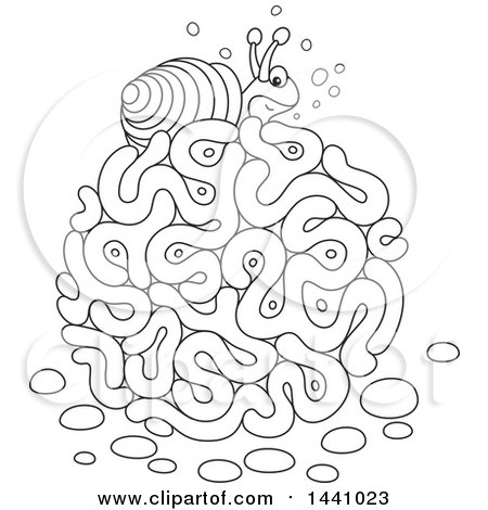 Clipart of a Cartoon Black and White Lineart Sea Snail on Coral - Royalty Free Vector Illustration by Alex Bannykh