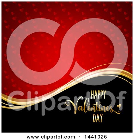 Clipart of a Gold Wave and Happy Valentines Day Greeting on Black with a Red Heart Pattern - Royalty Free Vector Illustration by KJ Pargeter