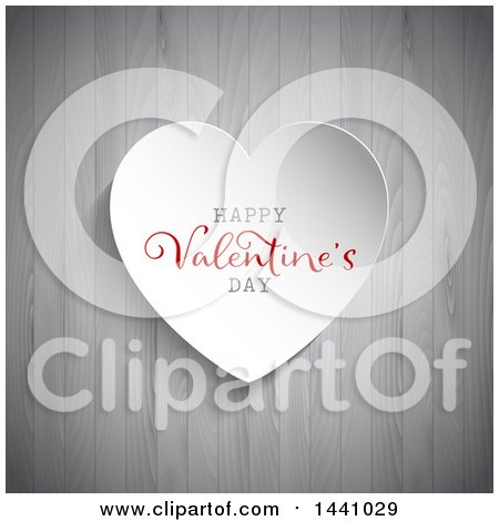 Clipart of a White Heart with Happy Valentines Day Text over Wood - Royalty Free Vector Illustration by KJ Pargeter